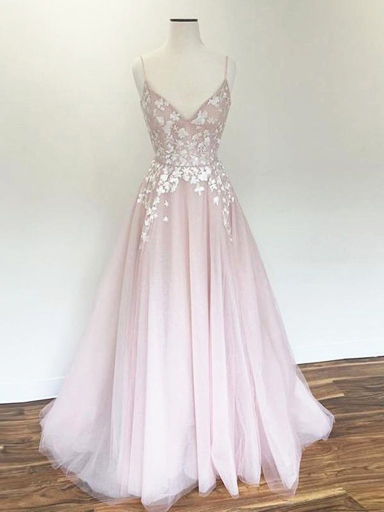 V Neck Pink Lace Long Prom Dresses, Pink Long Lace Floral Formal Evening Dresses M2574