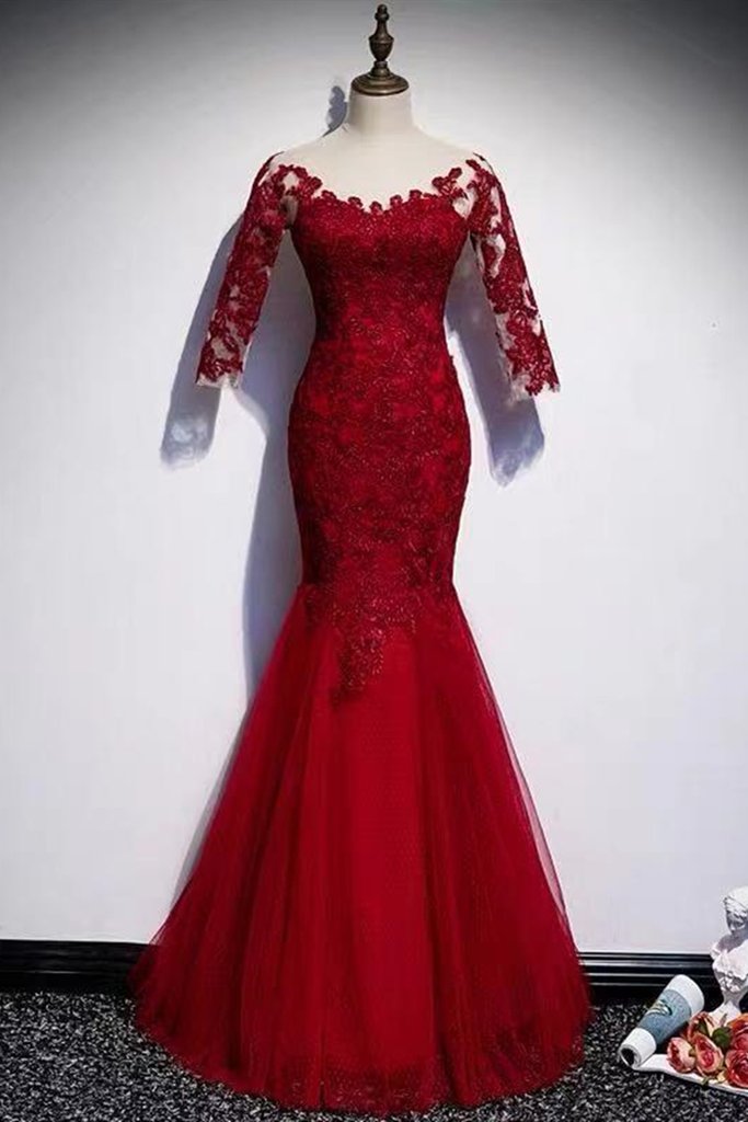 Round Neck Short Sleeves Mermaid Burgundy Lace Long Prom Dress, Mermaid Burgundy Lace Formal Dress, Wine Red Evening Dress M2836