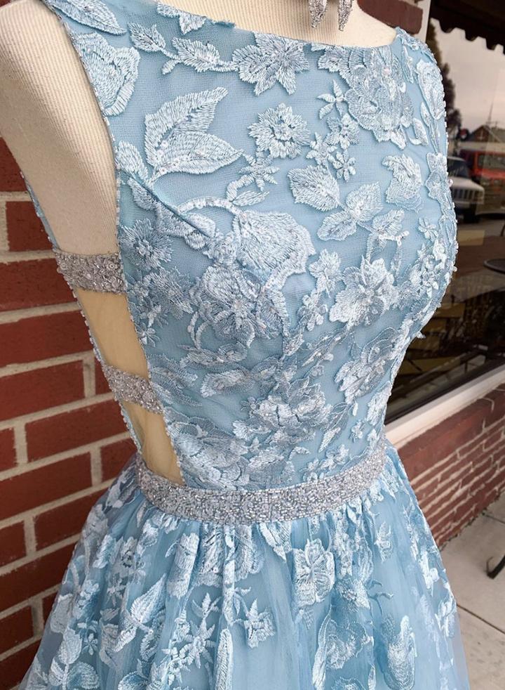Blue lace long prom dress blue evening dress M2251