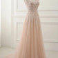 A Line Sheer Neck Cap Sleeves Tulle Prom Dresses, Lace Appliqued Long Formal Dresses M1967