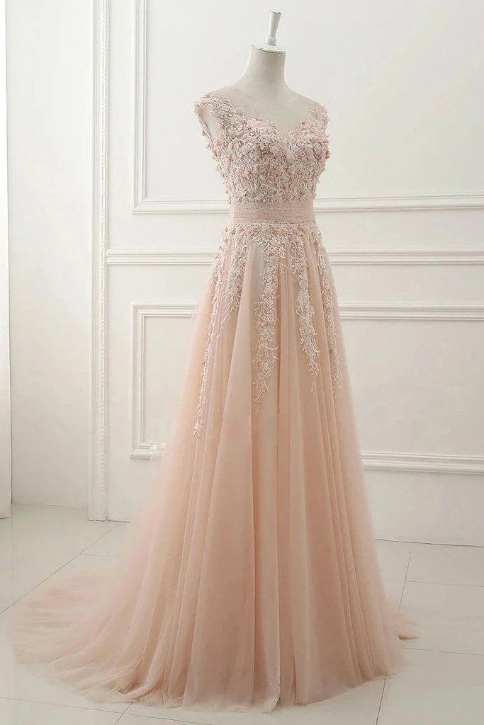 A Line Sheer Neck Cap Sleeves Tulle Prom Dresses, Lace Appliqued Long Formal Dresses M1967