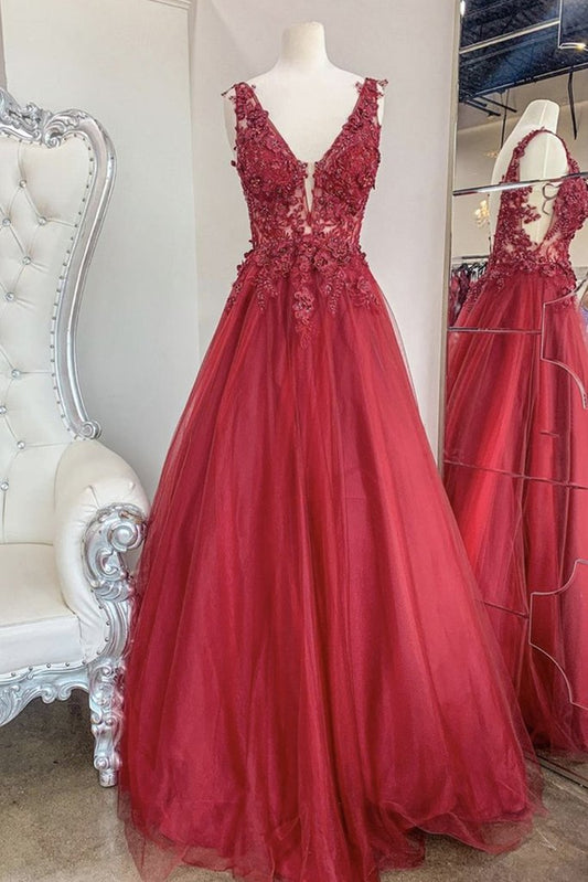 A Line V Neck and V Back Red Lace Floral Long Prom Dress, Open Back 3D Flowers Red Lace Formal Evening DressM2679