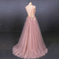 Pink V Neck Sleeveless Tulle Prom Dress with Appliques, A Line Tulle Evening Dress M1854