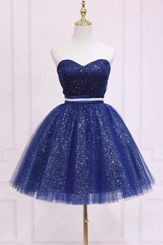 Shiny Strapless Sweetheart Neck Blue Short Prom Homecoming Dress with Belt, Sparkly Blue Formal Evening Dress M2684