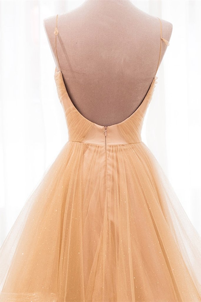 Shiny V Neck Backless Golden Long Prom Dress, Backless Golden Formal Dress, Golden Evening Dress M2984