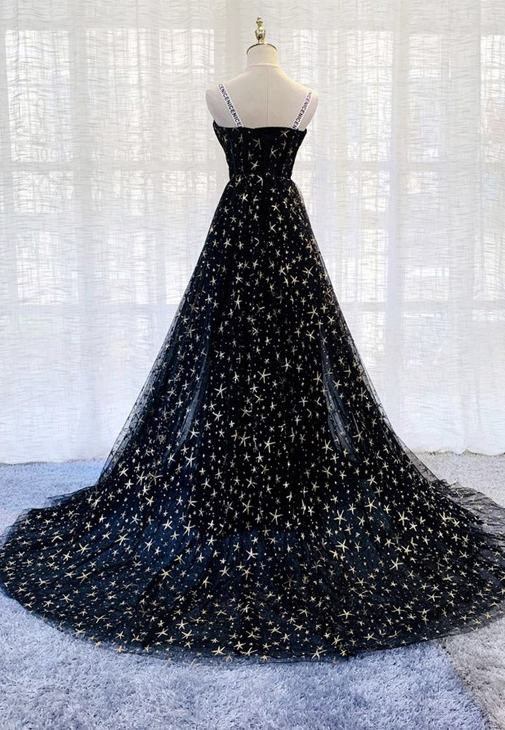 Black tulle long prom dress black evening dress  M668