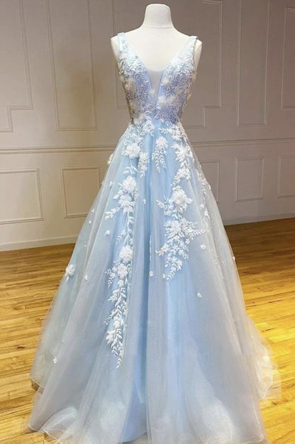 Blue v neck tulle long A line prom dress evening dress M385