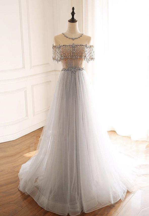 Gray tulle beads long prom dress evening dress  M646