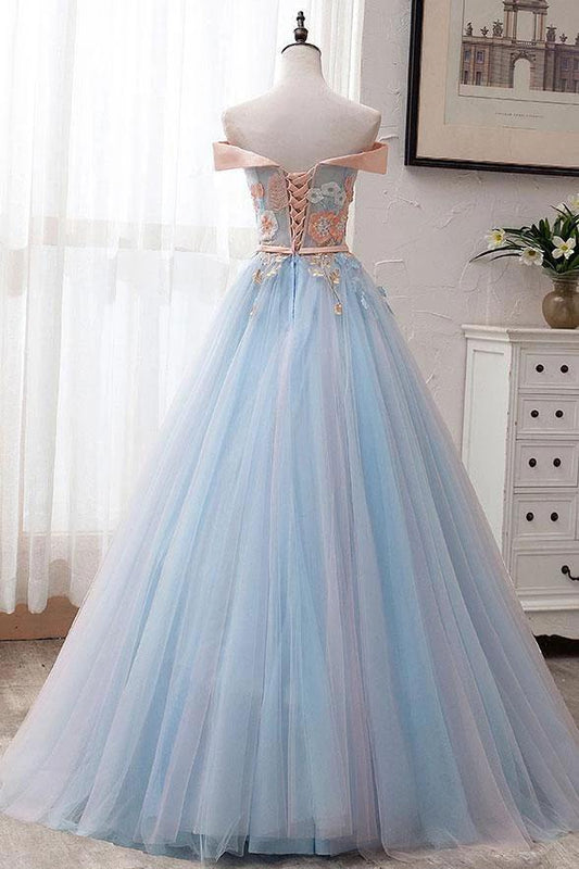 Light Blue Off Shoulder Floor Length Tulle Prom Gown with Appliques, Puffy Long Evening Dress M1865