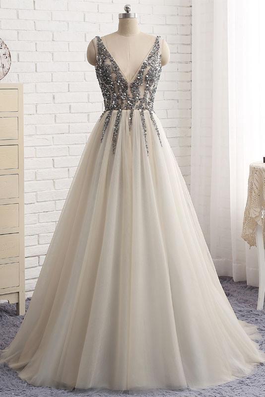 Sexy Deep V-neck Bling Sleeveless Tulle Prom Dress with Sequins,Formal Dresses M1242