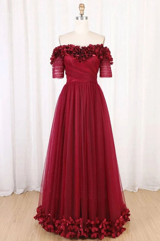 Burgundy Off Shoulder Floor Length Tulle Prom Dress with Applique, A Line Tulle Evening Dress M1960