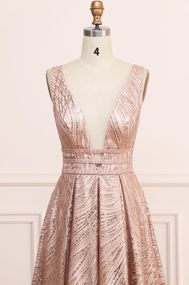 A Line Deep V Neck Long Prom Dress with Sequins, Glitter Sleeveless Evening Dress M1825