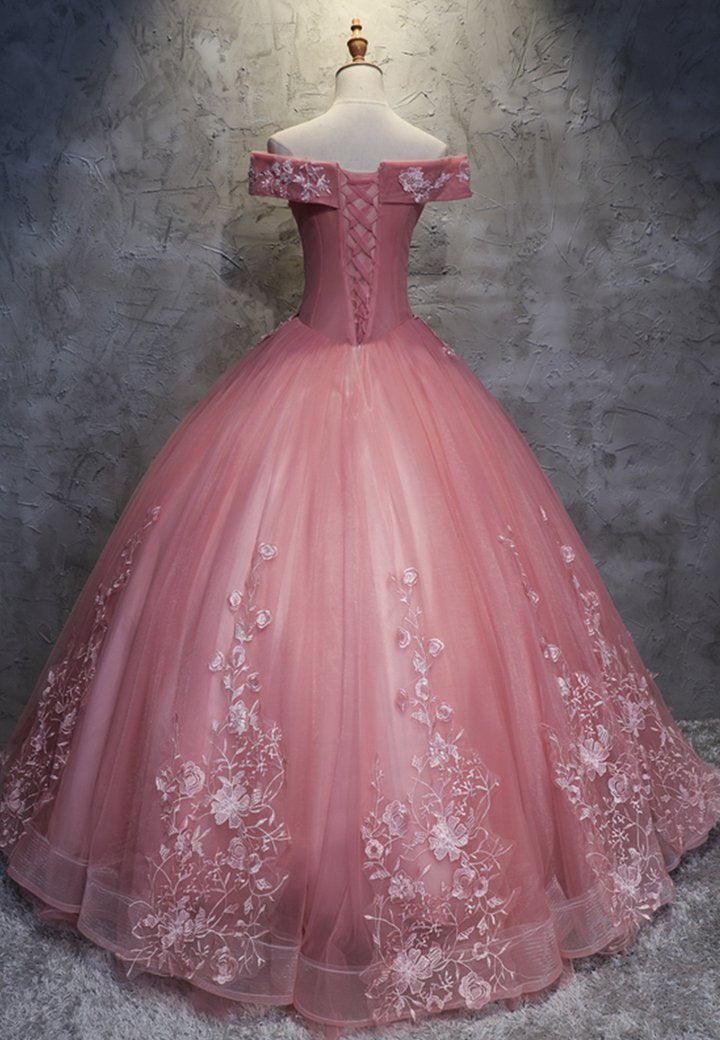 Pink tulle appliqué long ball gown dress formal dress  M619