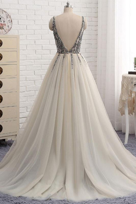 Sexy Deep V-neck Bling Sleeveless Tulle Prom Dress with Sequins,Formal Dresses M1242