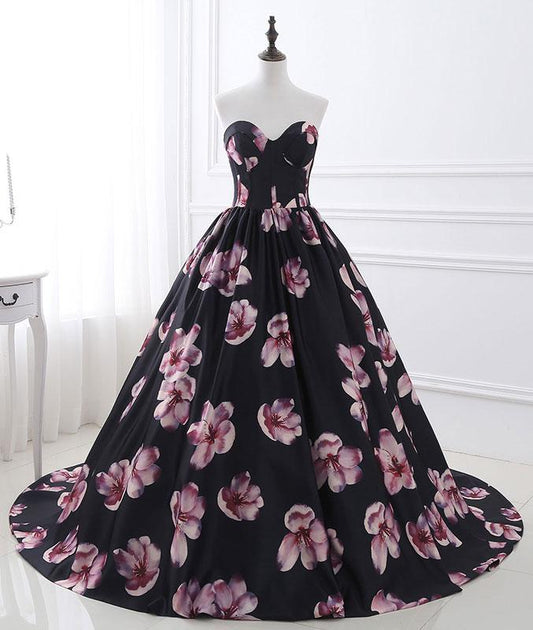 Black sweetheart neck satin long prom dress, black evening dress M4830