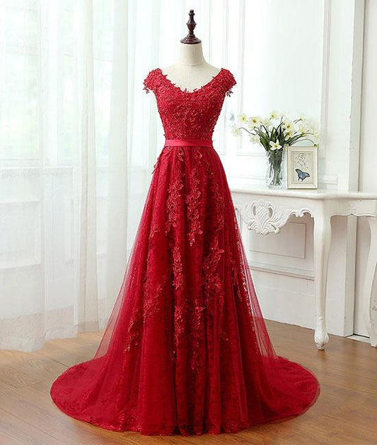 Burgundy tulle lace applique long prom dress, burgundy evening dress M4842