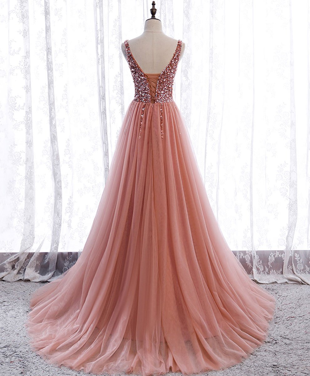 Pink v neck tulle sequin long prom dress pink formal dress M4932