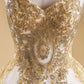 Gold sweetheart neck tulle long prom gown, gold evening dress M4848
