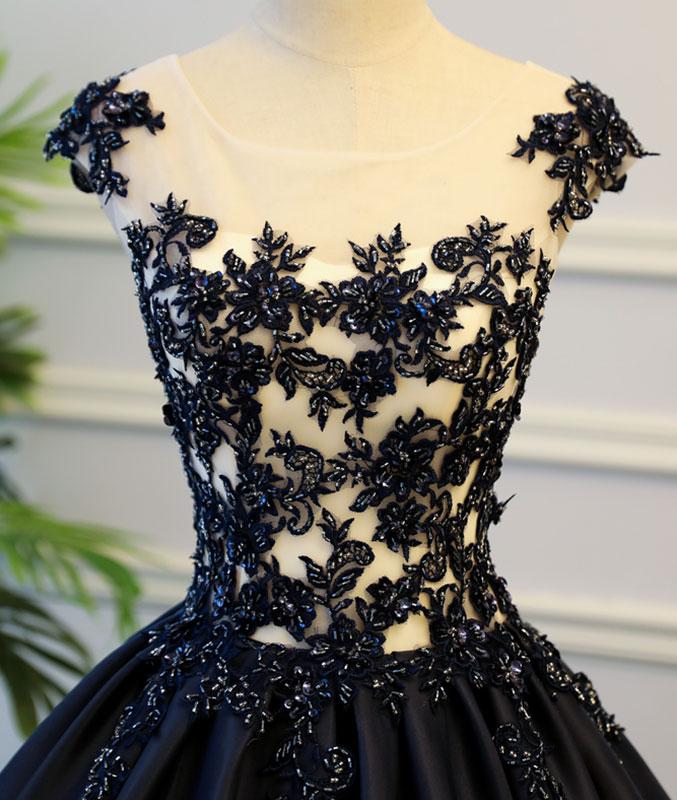 Black round neck satin long prom gown, black evening dress M4819