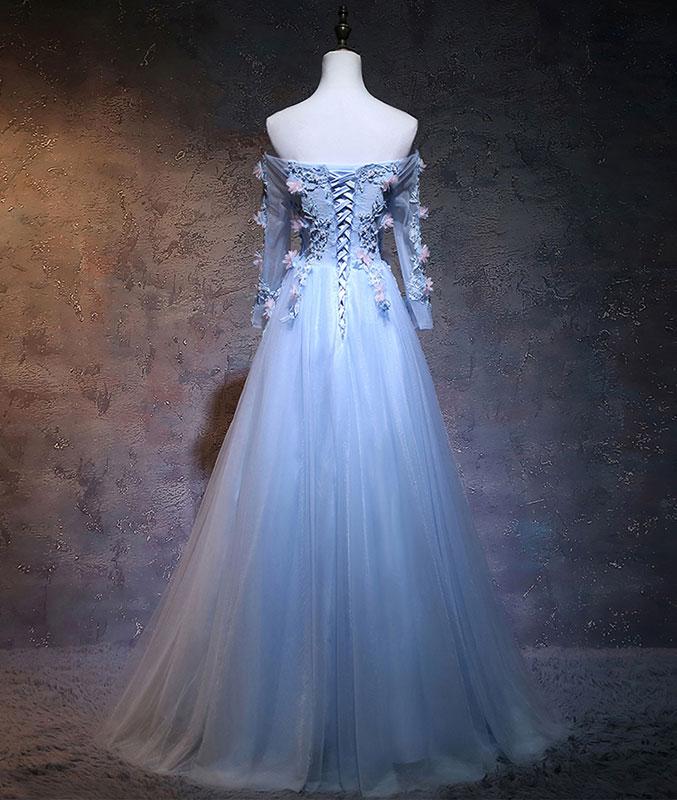 Unique tulle lace applique long prom dress, blue evening dress M4851