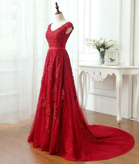 Burgundy tulle lace applique long prom dress, burgundy evening dress M4842