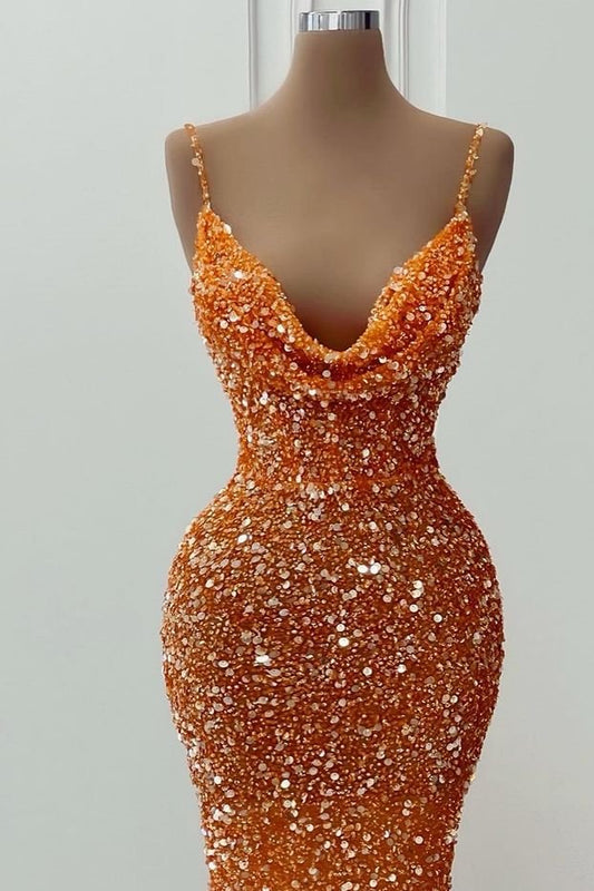 Gorgeous Orange Spaghetti-Straps V-Neck Evening Dress Sequins Mermaid Sleeveless,CD25469