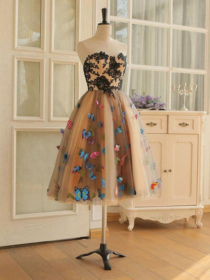 Strapless Short Champagne Floral Prom Dresses, 3D Floral Short Champagne Formal Graduation Dresses M2481