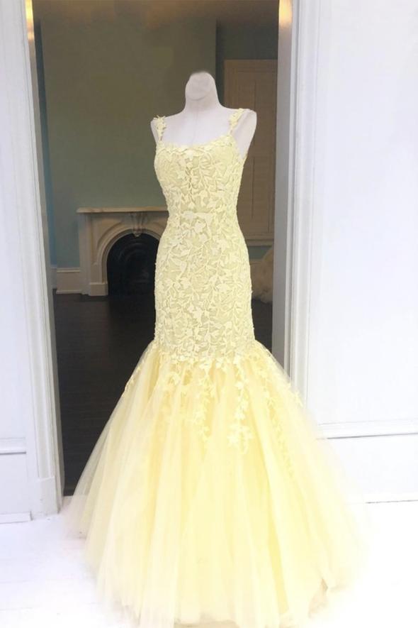 Yellow tulle lace long prom dress mermaid evening dress M2236
