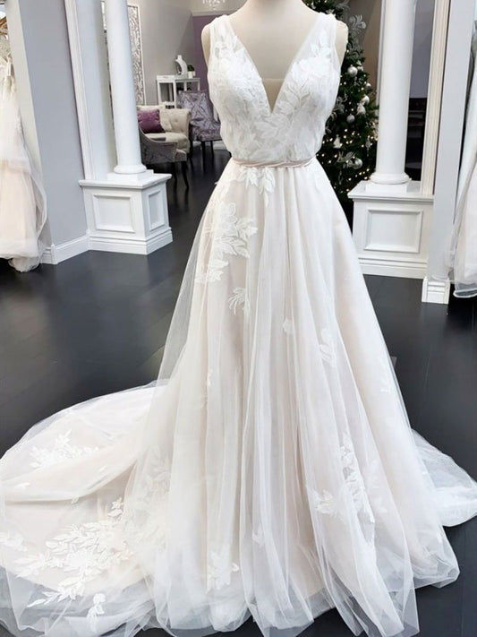 V Neck Ivory Lace Wedding Dresses, Ivory Lace Prom Formal Dresses M2559