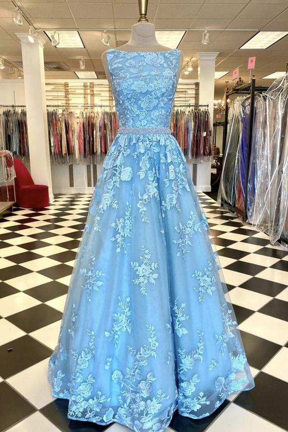 Blue tulle lace long A line prom dress evening dress M2117