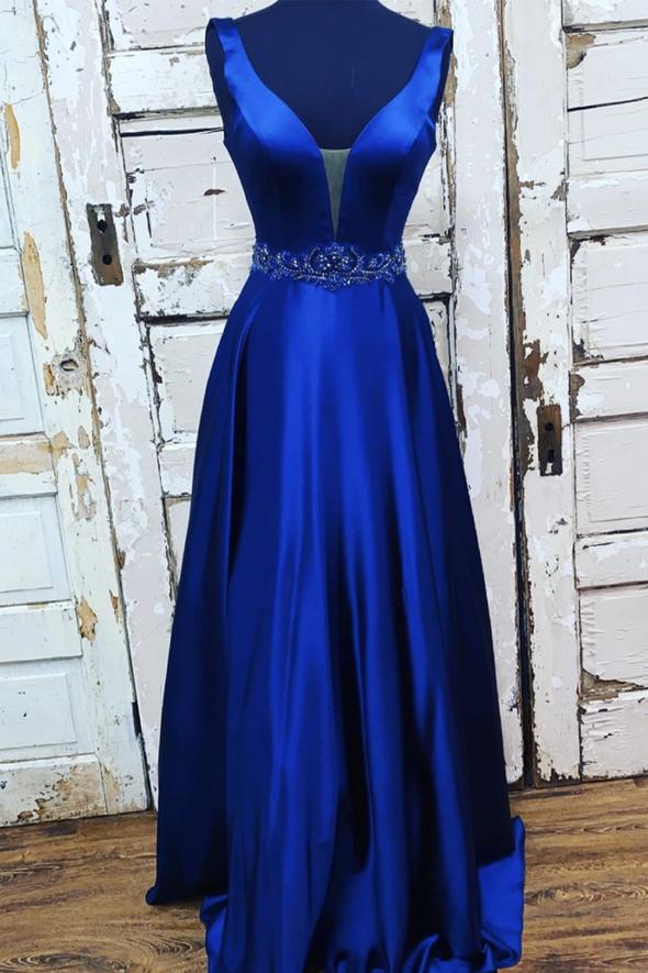 Blue satin long A line prom dress evening dress M2119
