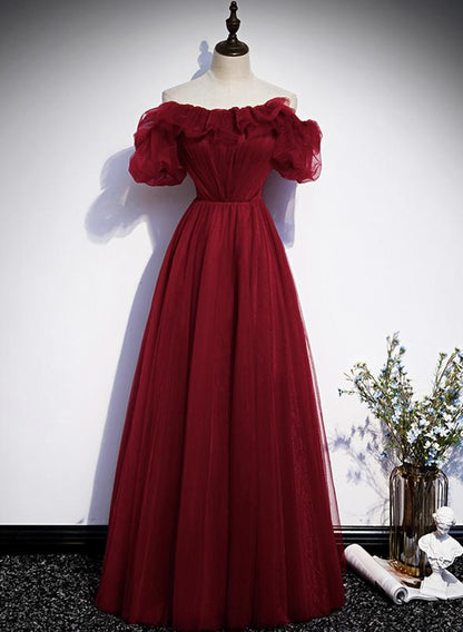 Burgundy tulle long prom dress evening dress M2300