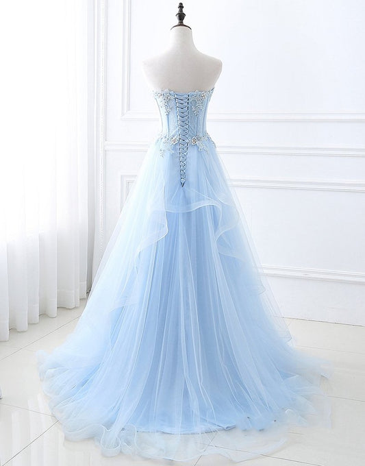 Shiny Blue Backless Prom Dresses with Thin Straps, Open Back Light Blue Formal Evening Dresses M2544