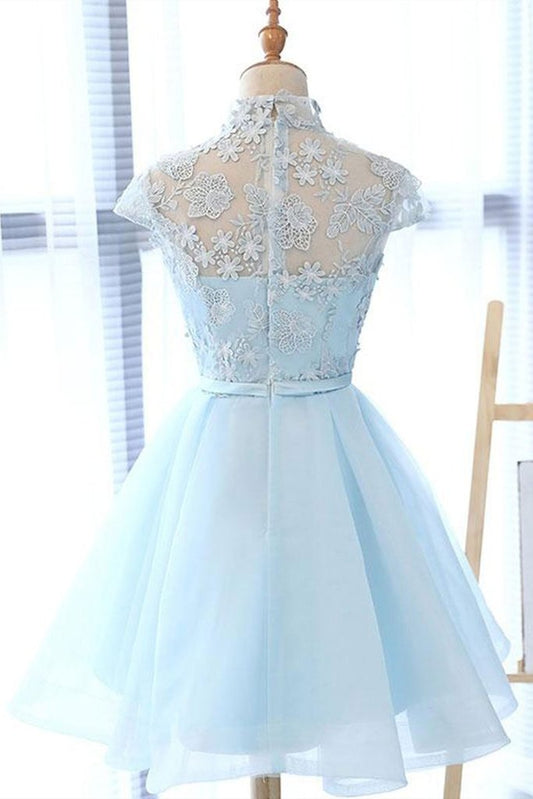 High Neck Short Blue Lace Prom Dresses, Short Blue Lace Graduation Homecoming Dresses M2482