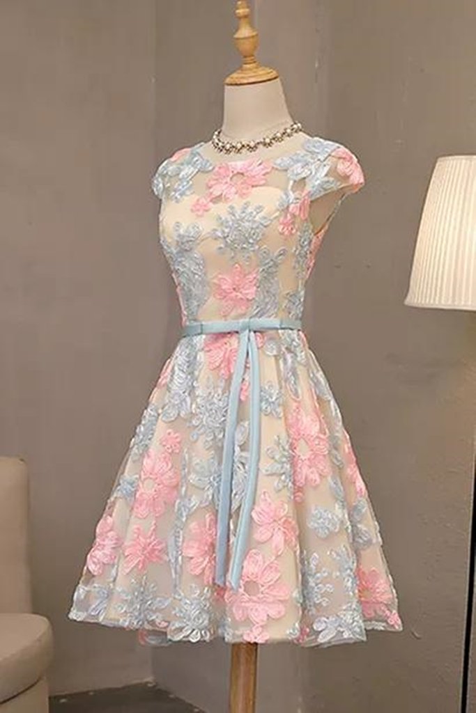 Round Neck Colorful Short Cap Sleeves Lace Prom Dresses, Short Colorful Lace Graduation Homecoming Dresses M2490