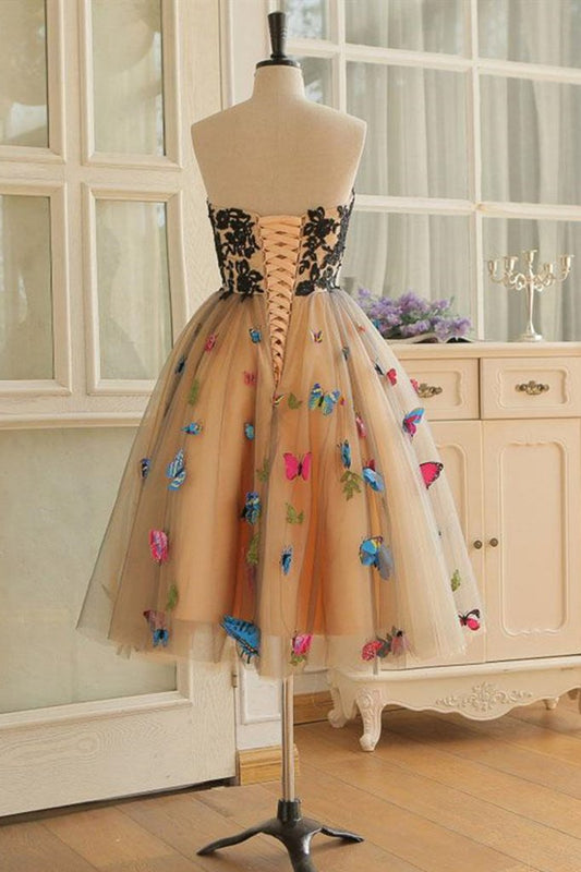 Strapless Short Champagne Floral Prom Dresses, 3D Floral Short Champagne Formal Graduation Dresses M2481