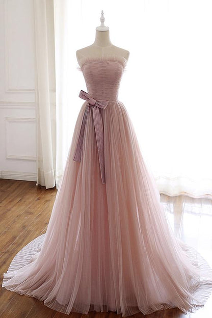 Pink tulle long A line prom dress pink evening dress M2216