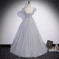 Gray tulle lace long prom dress A line evenig gown M5899