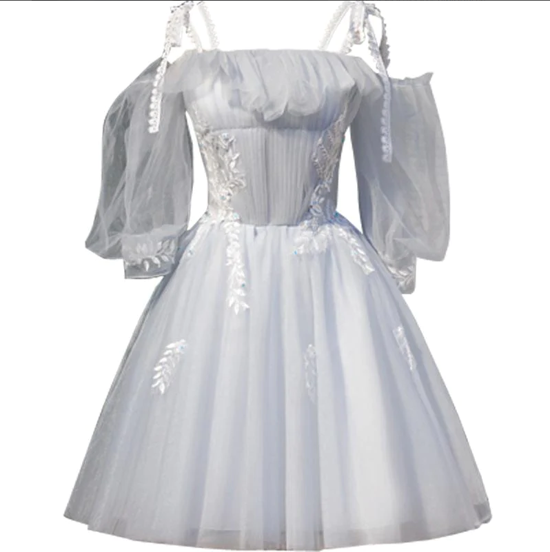 Short Silver Tulle Homecoming Dresses with Sleeves M6107