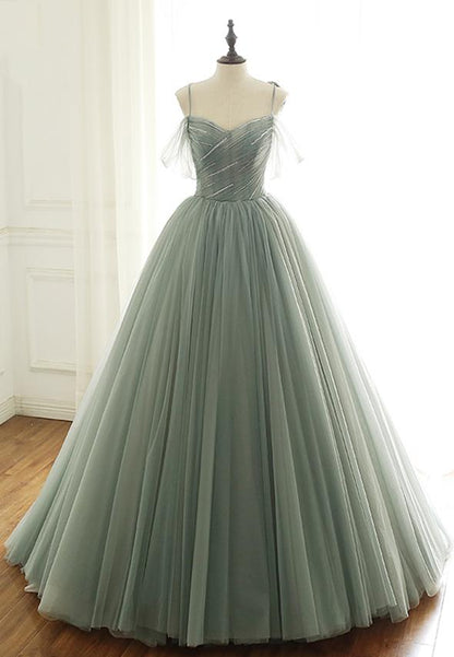 Green tulle long a line prom gown formal dress M47