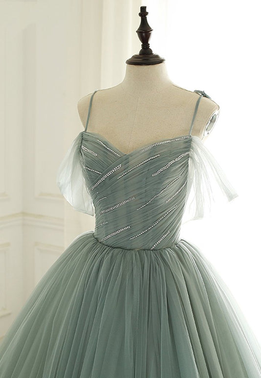 Green tulle long a line prom gown formal dress M47