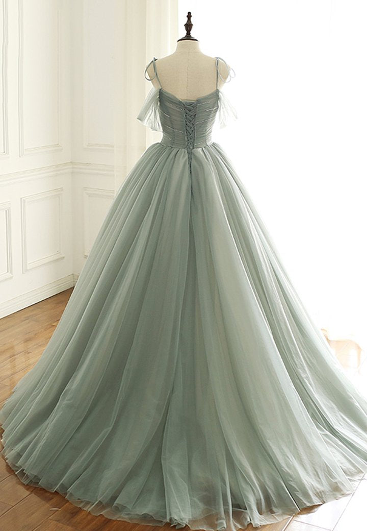 Green tulle long a line prom gown formal dress M47