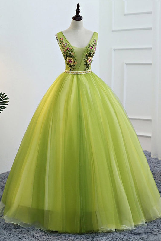 Fresh Green Tulle V Neck Long Lace Up Senior Prom Dress With Applique M5443