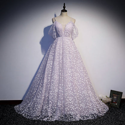 Princess Lilac Floral Prom Dress with Cold Sleeves M5514