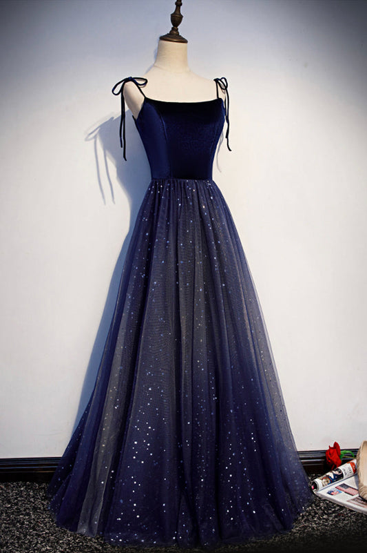 Blue velvet tulle long prom dress A line evening dress M5327