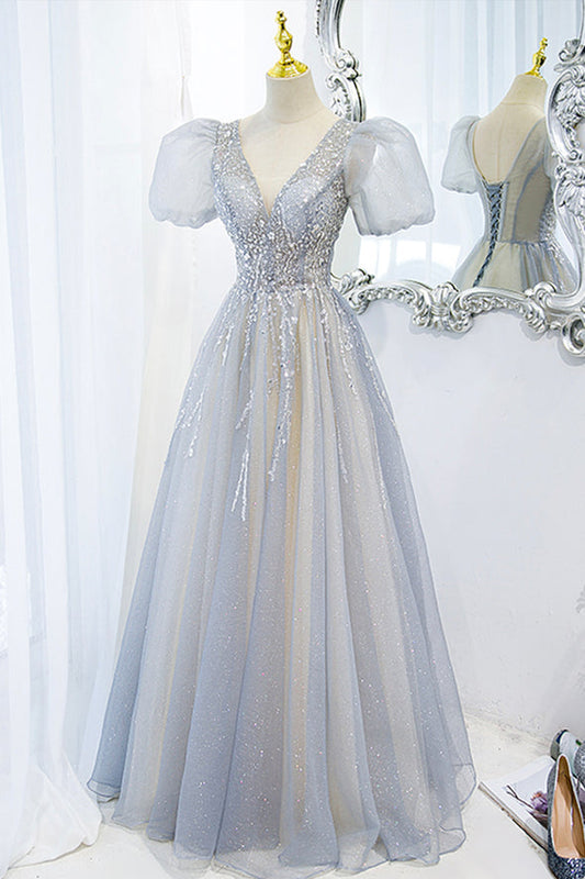 Gray tulle beads long prom dress A line evening dress M5311