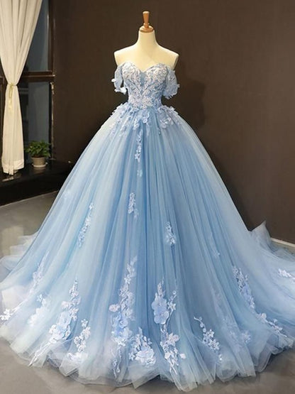 Ball Gown Tulle Off-the-Shoulder Sleeveless Applique Sweep/Brush Train Dresses M5205