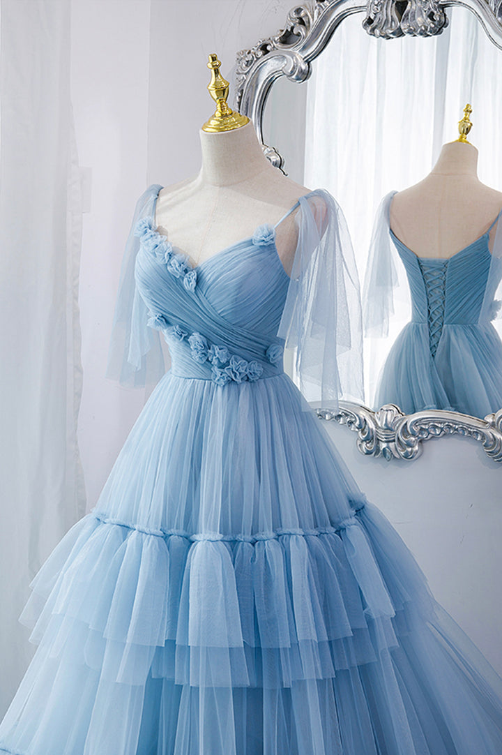 Blue tulle long prom dress blue evening dress M5295