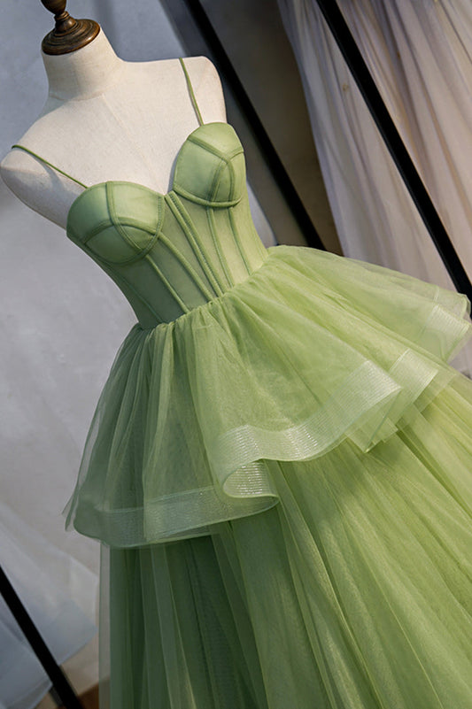 Green tulle long prom dress A line evening dress M5356