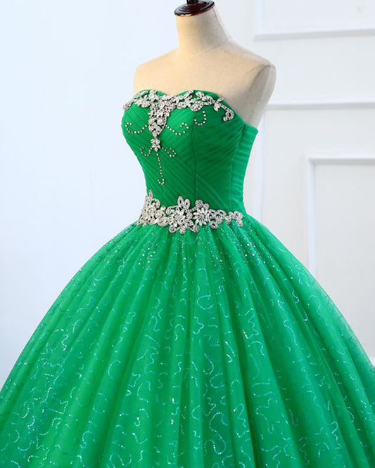 Strapless Green Sequins Tulle Long A Line Beaded Prom Dress, Formal Dress M5445